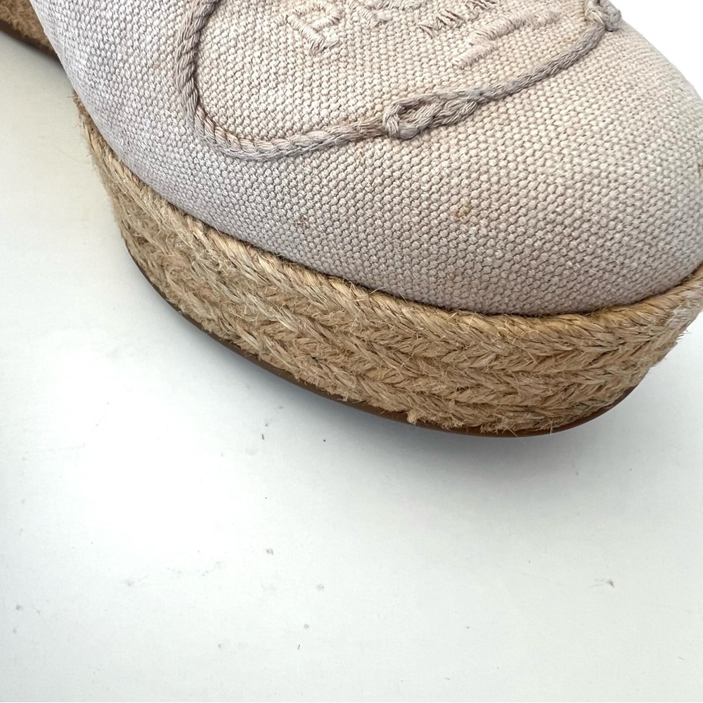 PRADA Beige Canvas Ankle Strap Lace Wrap Platform Wedges Sandal Espadrille Sz 38 - Picture 12 of 15